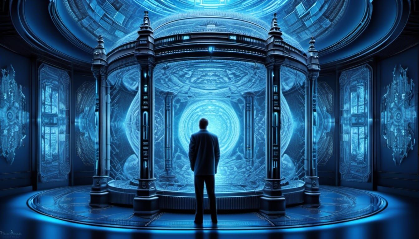 Cylindrical Time Machine with Man, Neon Blue Digital Art