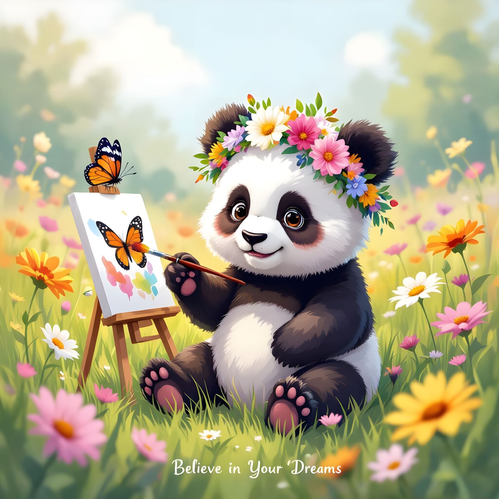 Panda's Floral Portrait: Watercolor Storybook Art