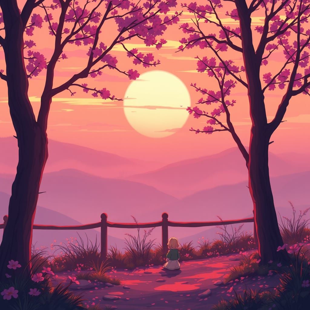 Tranquil Anime Scene in Flat Style