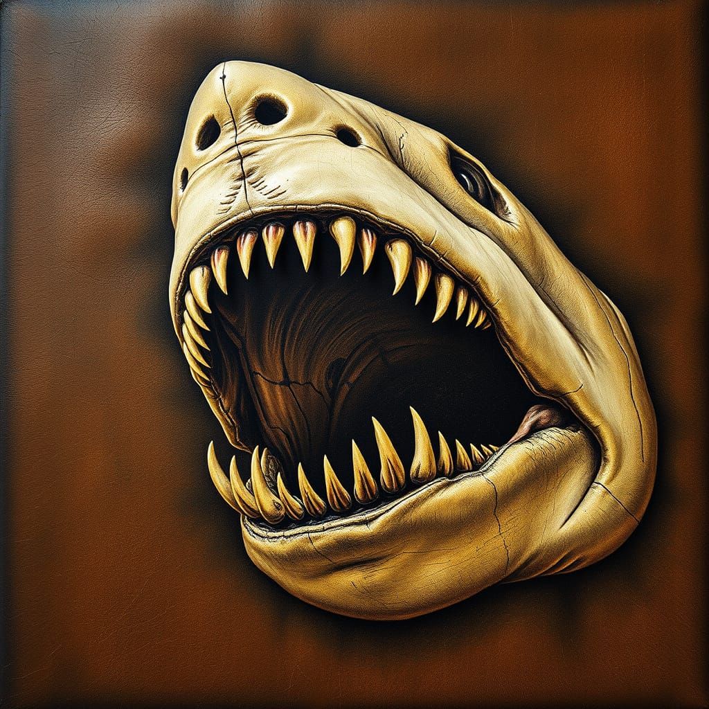 Surreal Leather Drawing of Shark Skeleton Jaw in High Contra...