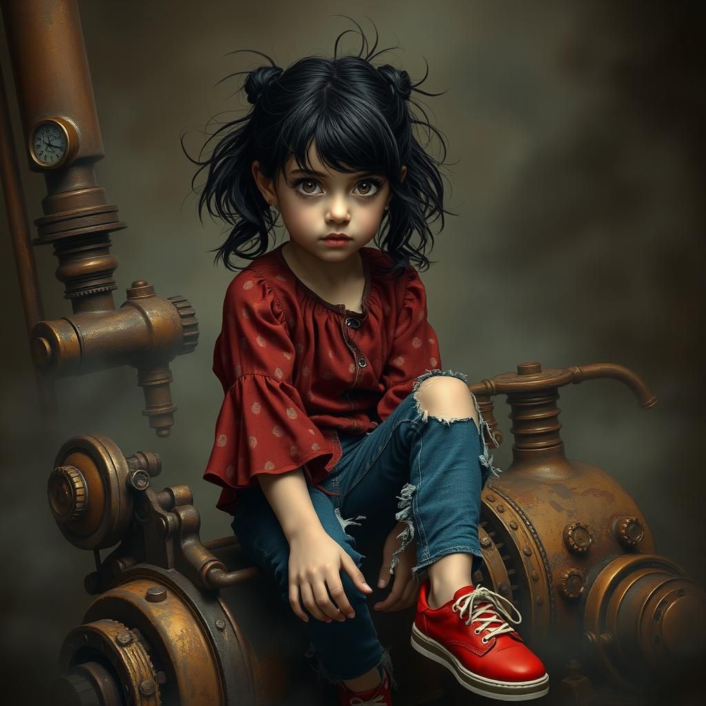 Girl on Steampunk Engine in Surreal Style