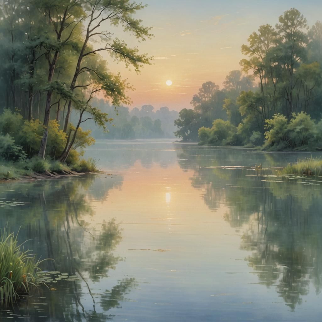 Serene Lake Scene at Dawn as Impressionist Painting