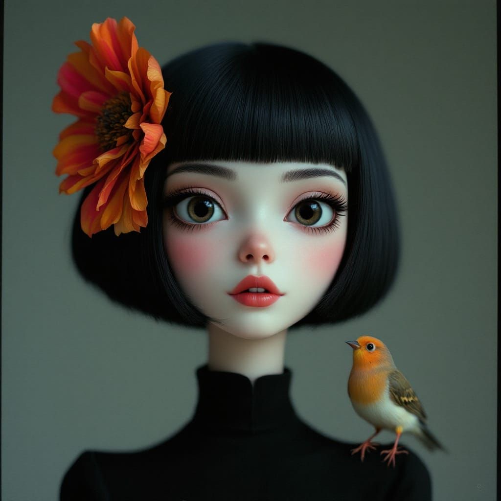 Stylized Woman with Bob Haircut and Flower in Hair