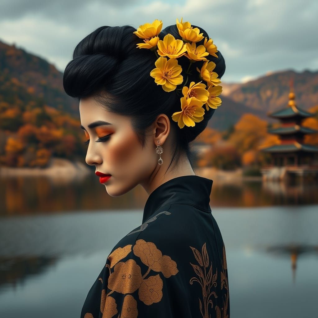 Woman with Chrysanthemums, East Asian Landscape
