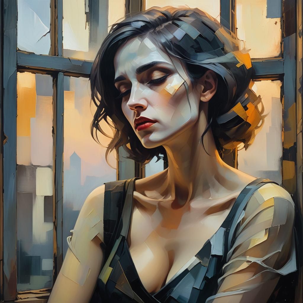 Cubist-Goth Portrait of a Solitary Woman as Oil Painting