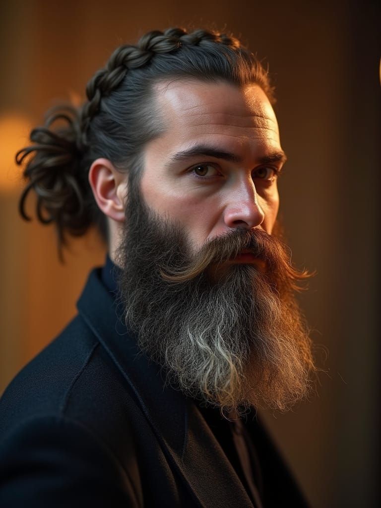 Portrait of a Man with Majestic Braided Beard in Studio Ligh...