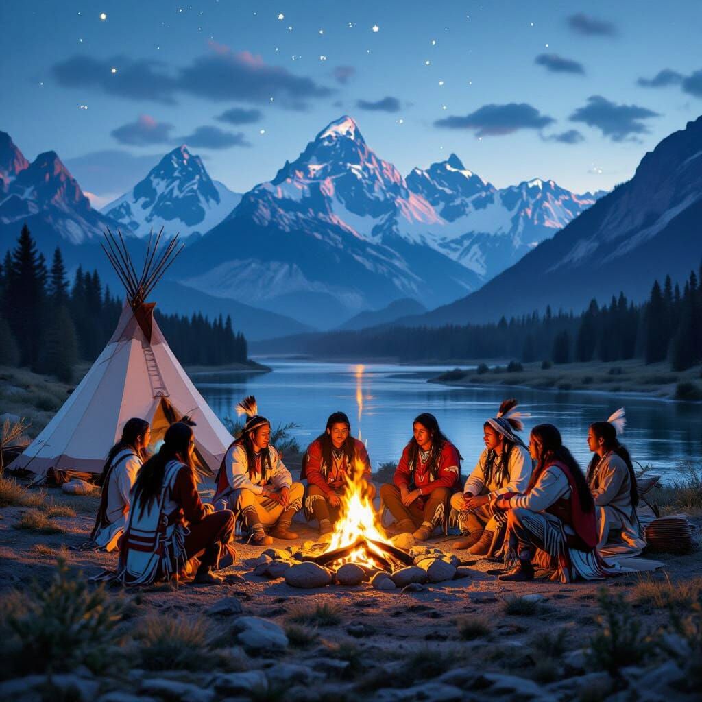 Native Tribe Campfire Scene in Photorealistic Style