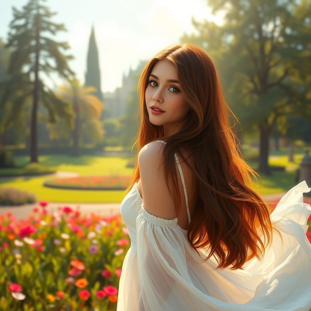 Young Woman in White Dress in Picturesque Park
