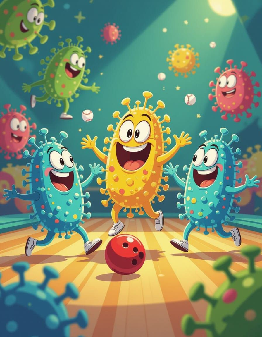 Cartoon Bacteria Bowling with Exaggerated Caricature Style