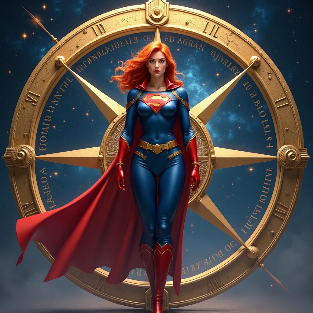 Superheroine on Golden Compass in Sci-Fi Style