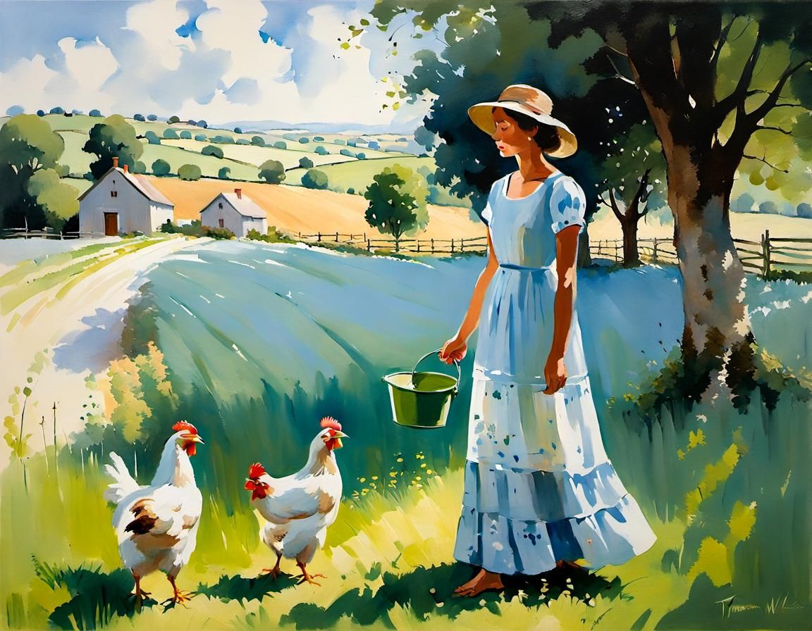 Woman Feeding Chickens in Impressionistic Acrylic Painting