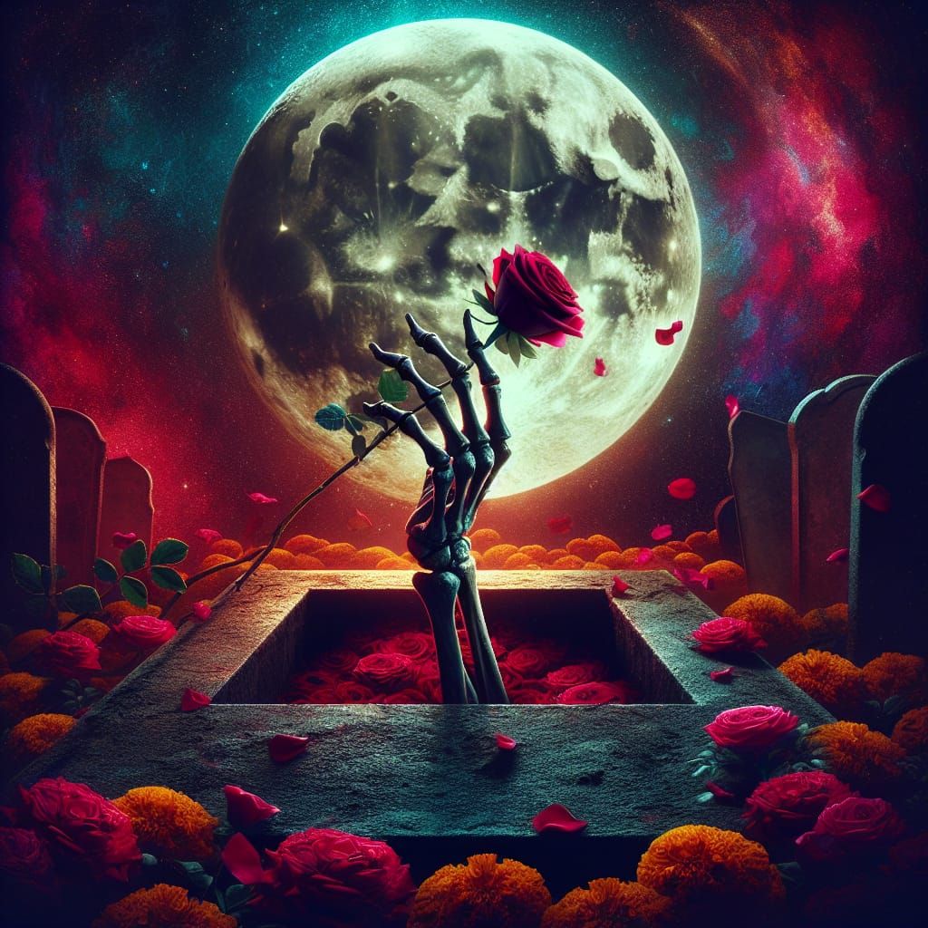 Eerie Skeleton Hand Holding a Rose Under Moon
