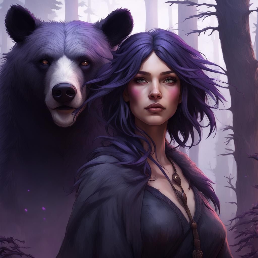 Woodland Witch and Bear Portrait, Hyperdetailed Digital Art