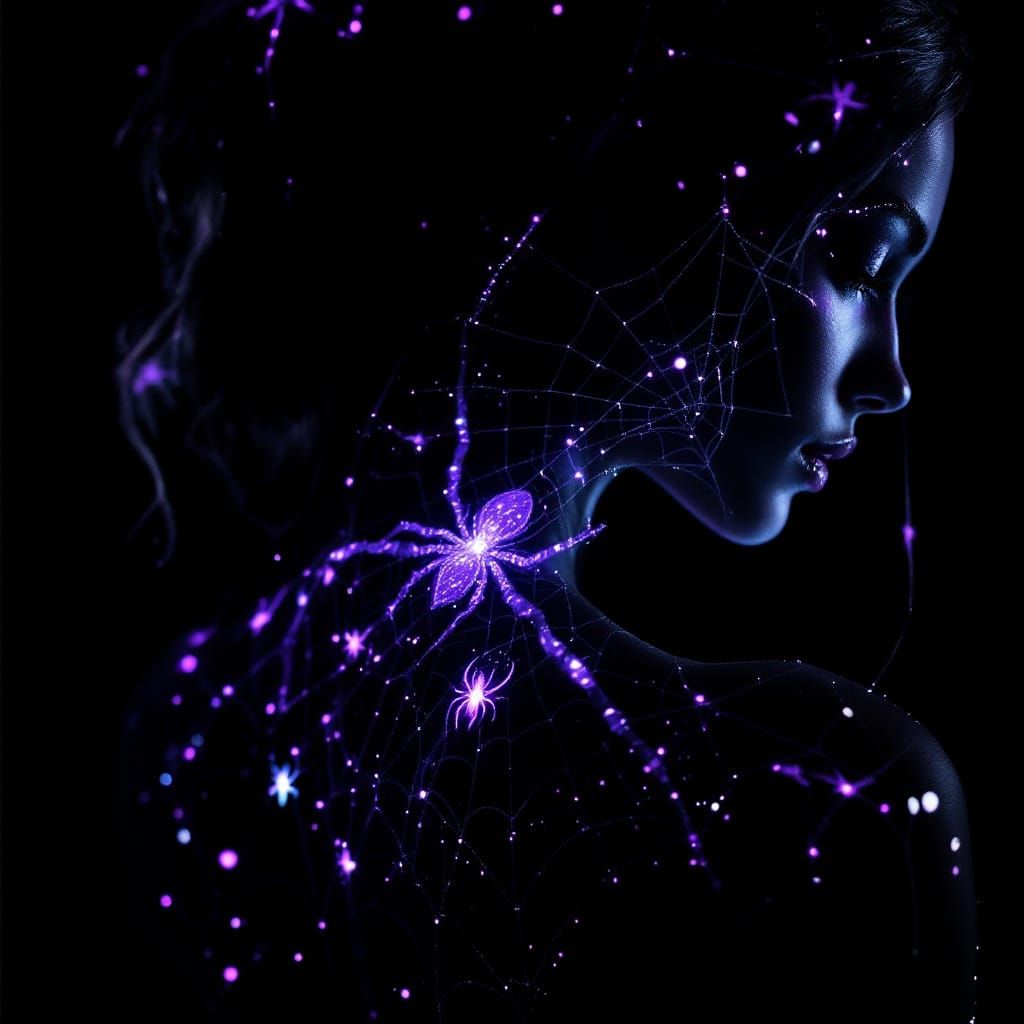 Gothic Woman in Spider Web Bodysuit with Mystic Tattoos