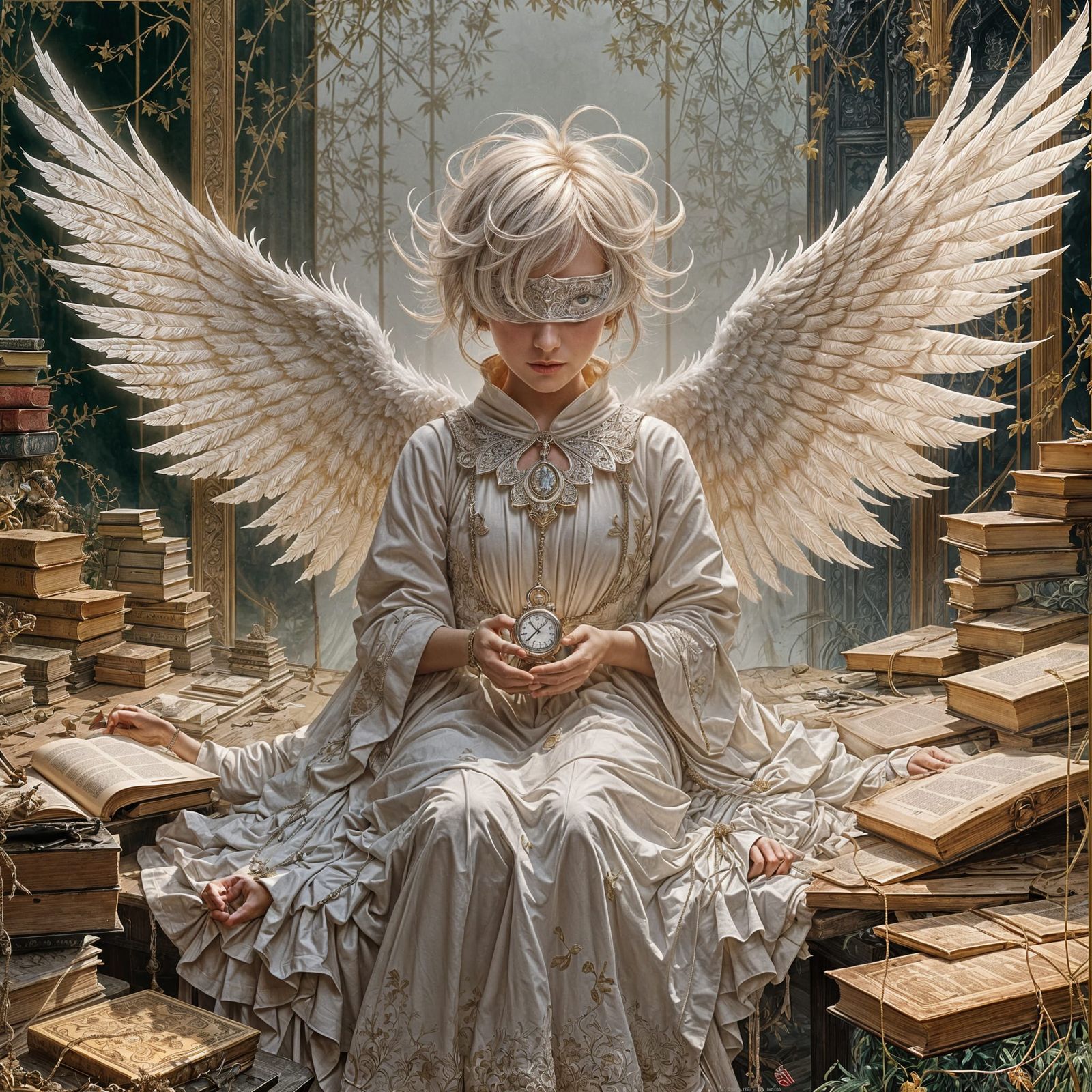 Ethereal Seraphim Holding Pocket Watch Amidst Books