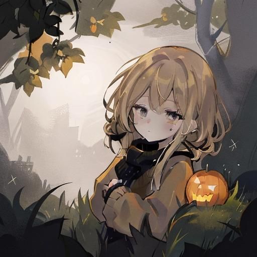 Anime Halloween Girl in Mystical Forest