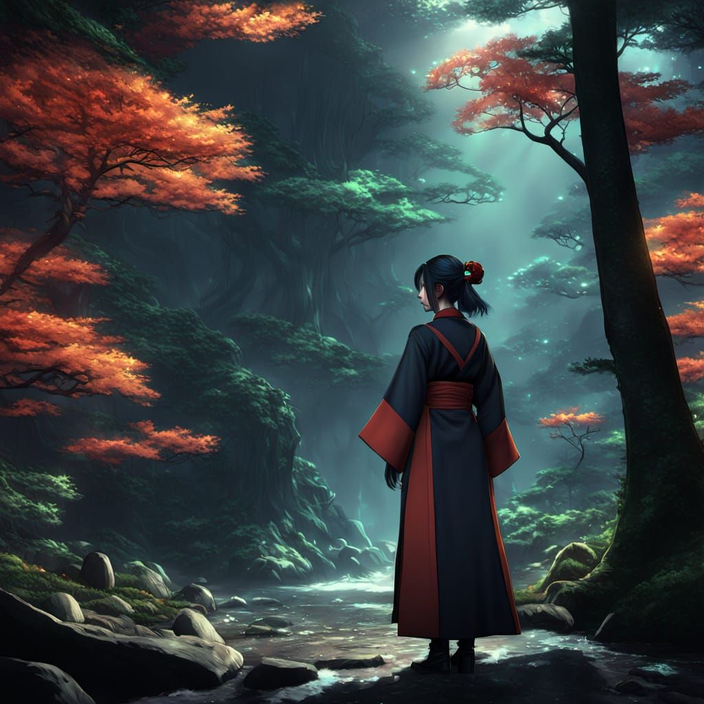 Fantasy Japanese Woman in Dark Forest, Manga Style
