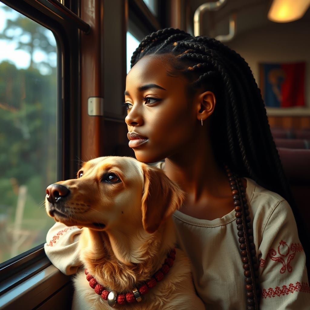 Contemplative Woman with Dog on Train Journey