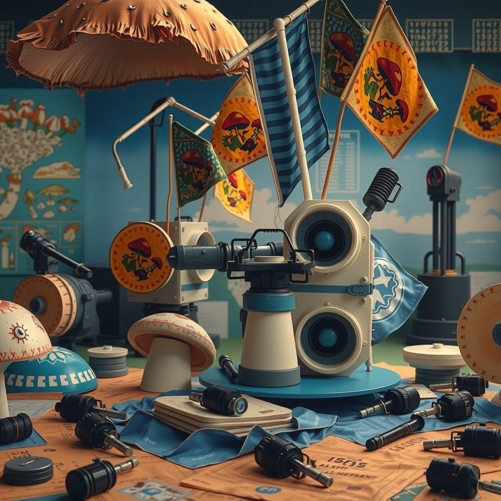 Giant Mushroom Monument in a Surreal Bureaucratic Landscape