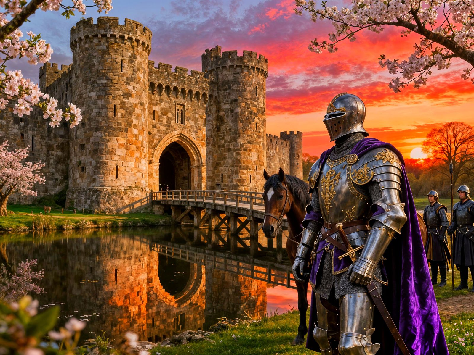 Medieval Castle and Knight in Sunset