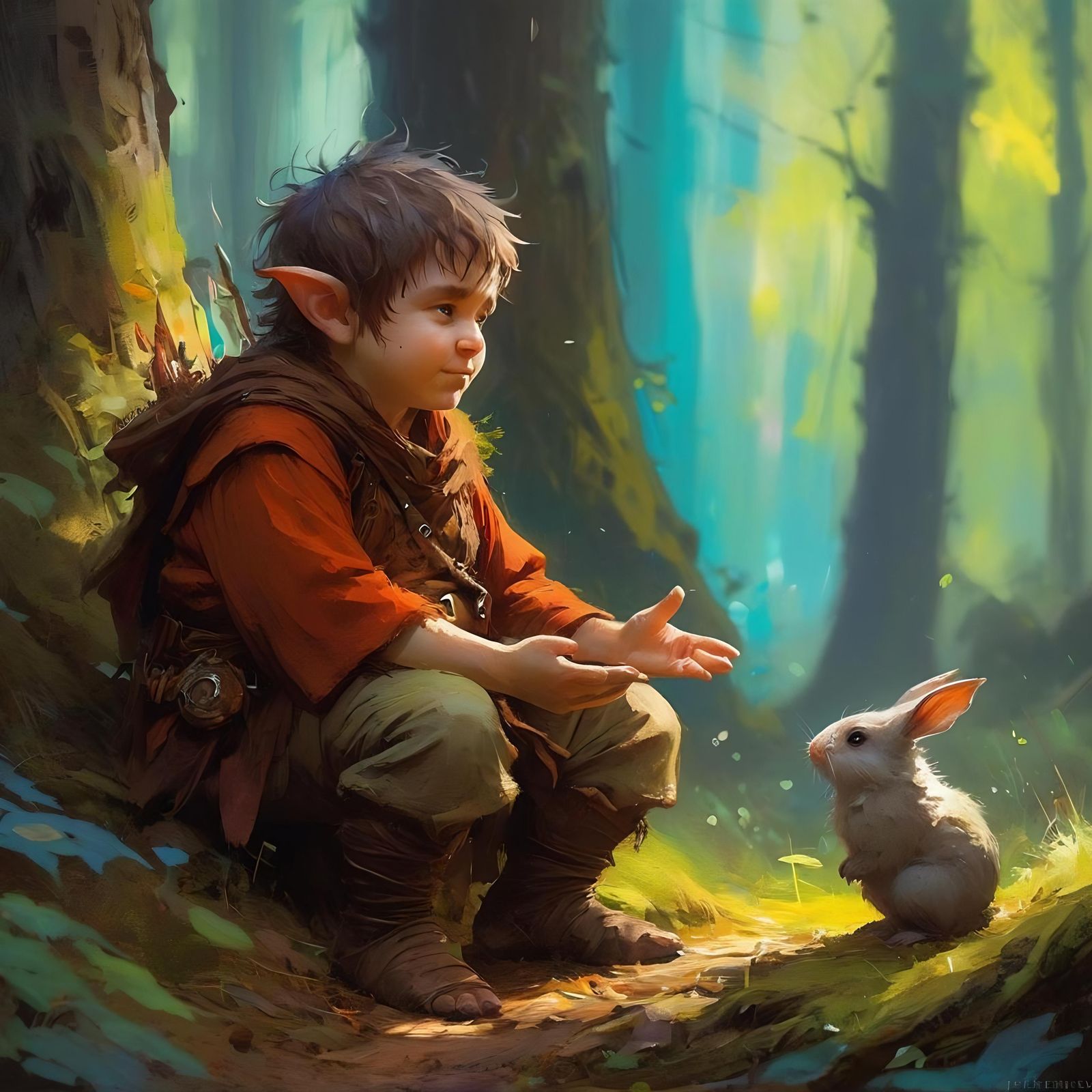 Halfling Druid and Forest Creature in Bright Fantasy Style