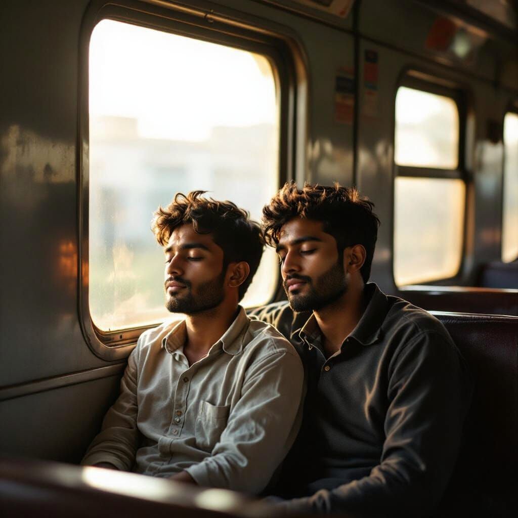 Indian Men in Train: Soft Morning Light