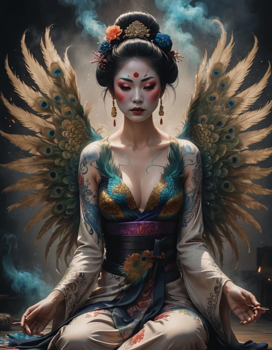 Geisha with Peacock Wings in Polychromatic Detail