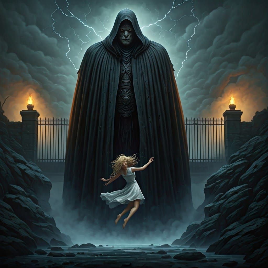 Gothic Giant with Electric Hair Looms Over Desperate Woman i...