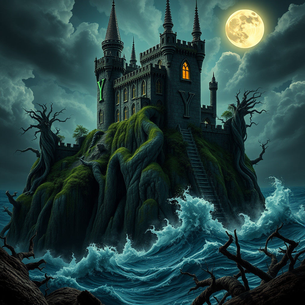 Creepy Castle on Stormy Sea in Dark Fantasy Style