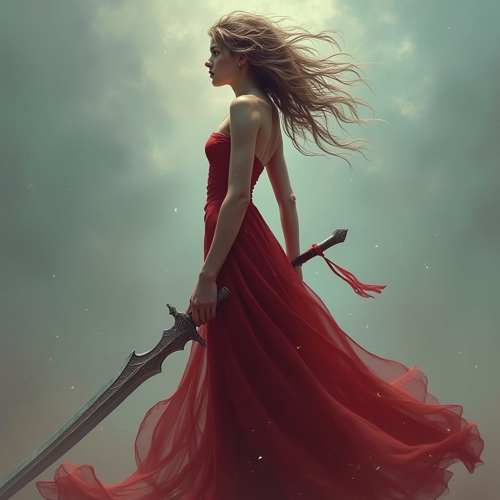 Ethereal Warrior in Crimson Gown, Trending on Artstation