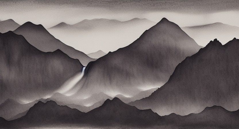 Ink Wash Sunrise Over Mountain Landscape