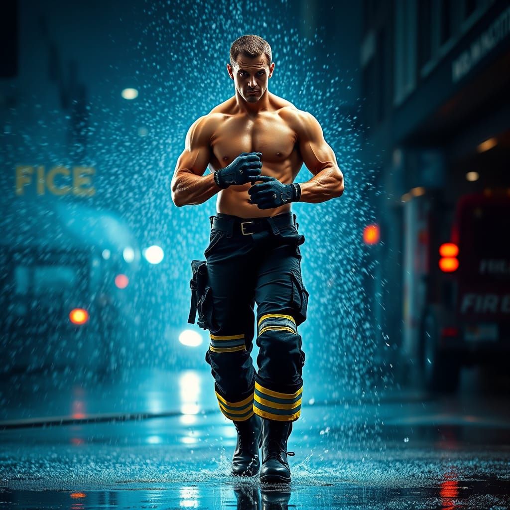 Muscular Firefighter in Cascading Water: Heroic Realism