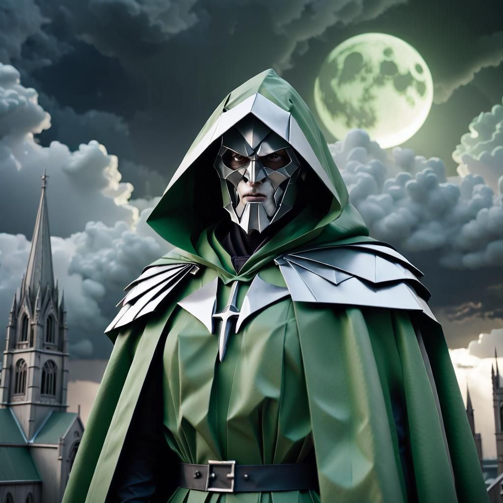Hyperrealistic, full body, Doctor Doom, chrome mask, green h...