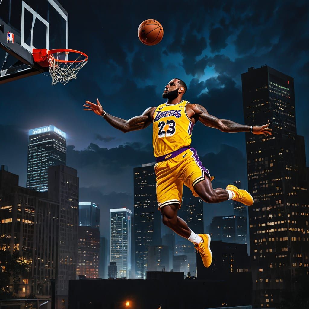Lebron James Dunking in Cityscape Nighttime Splendor