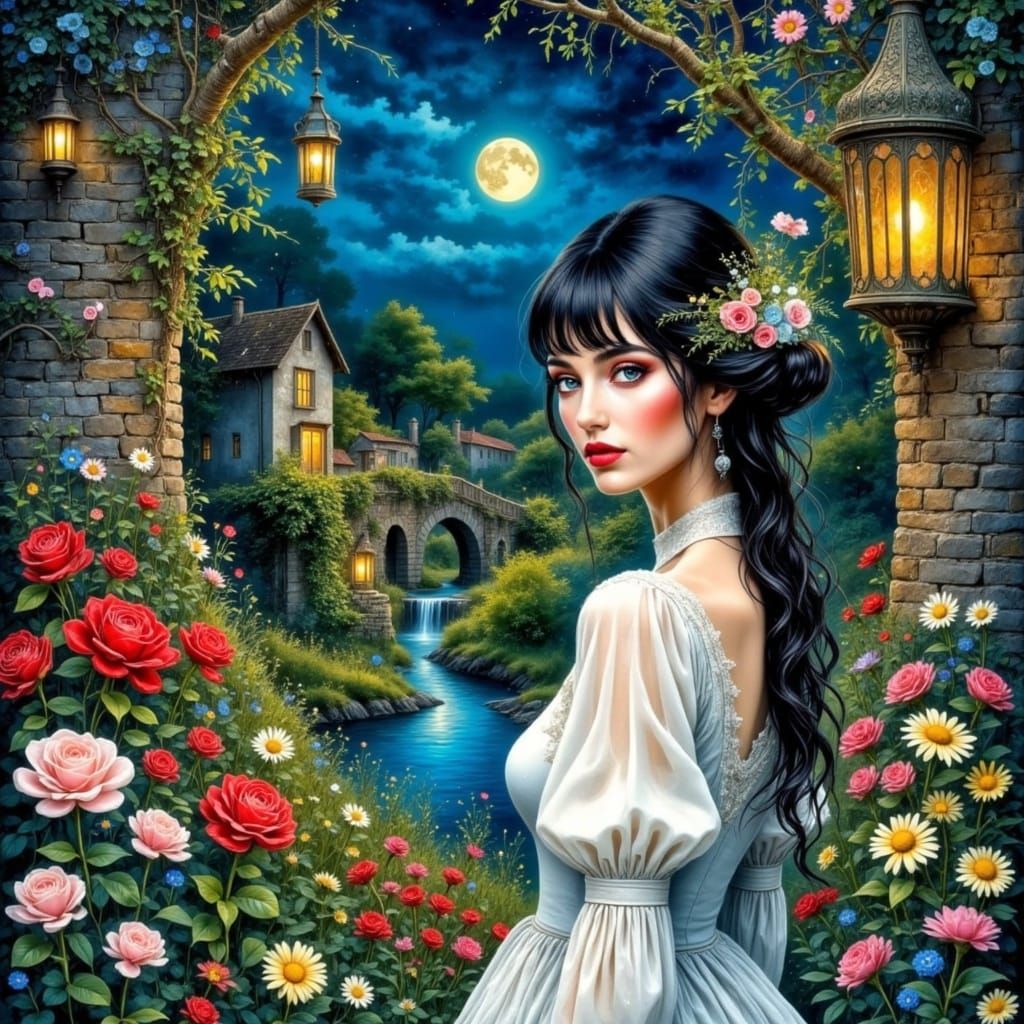 Romantic Watercolour Garden Scene with Enchanted Woman