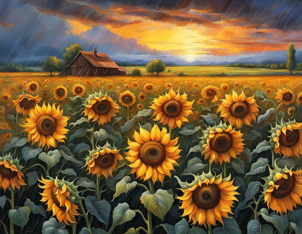 Sunflower Field in Rain: Hyperdetailed Digital Art
