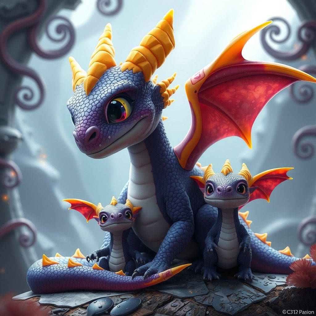 Purple Dragon Family in Dreamlike Fantasy Art