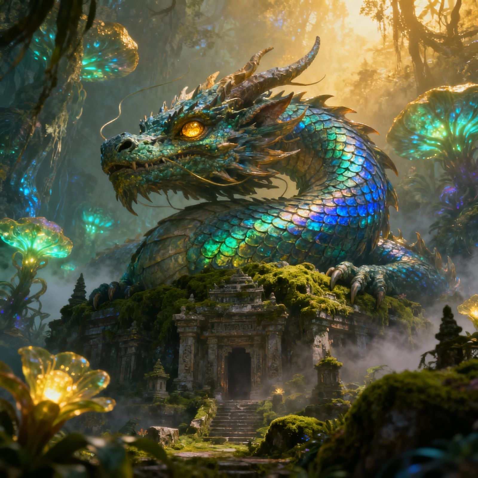 Ancient Dragon Rests on Ruined Temple in Bioluminescent Jung...