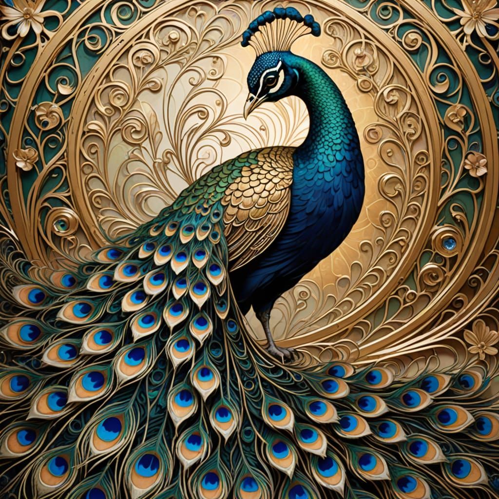 Elegant Peacock Displaying Tail in Art Nouveau Style