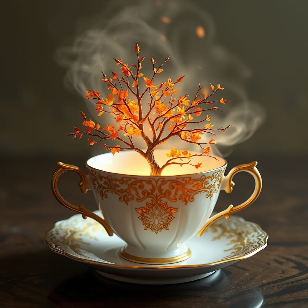 Autumn Tree Growing in Antique Teacup