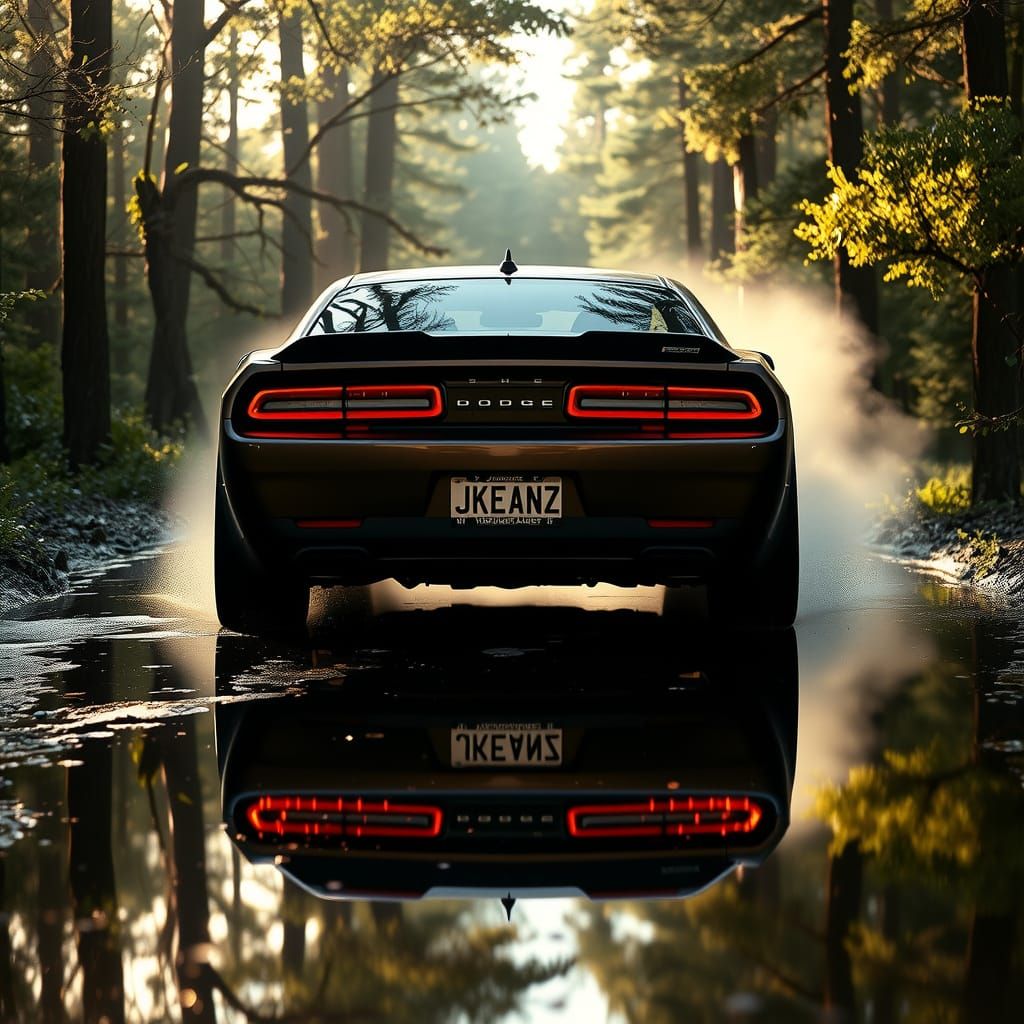 Custom Dodge Challenger in Lush Forest: Cinematic Film Still