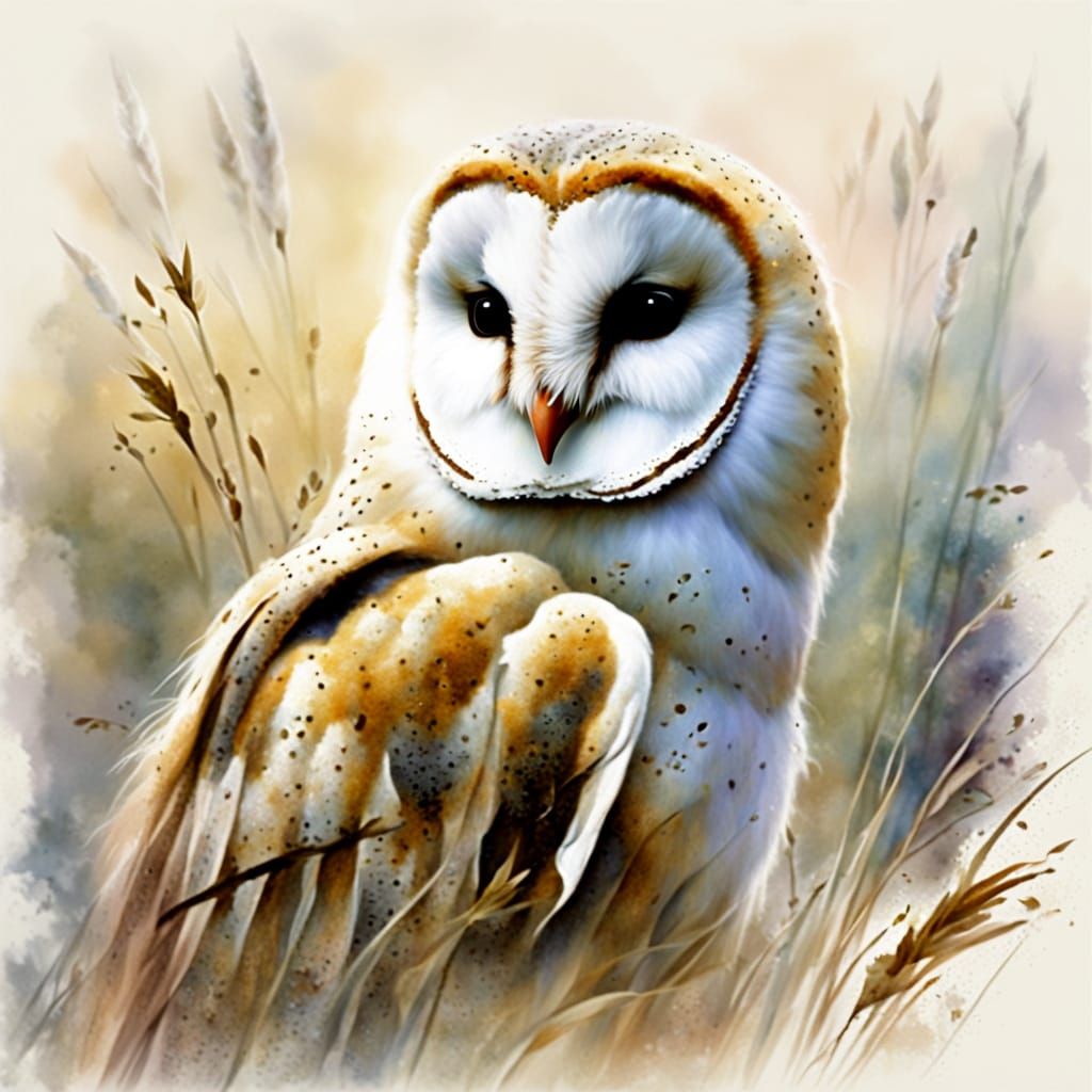 Barn Owl and Mouse in Soft Impressionist Watercolor