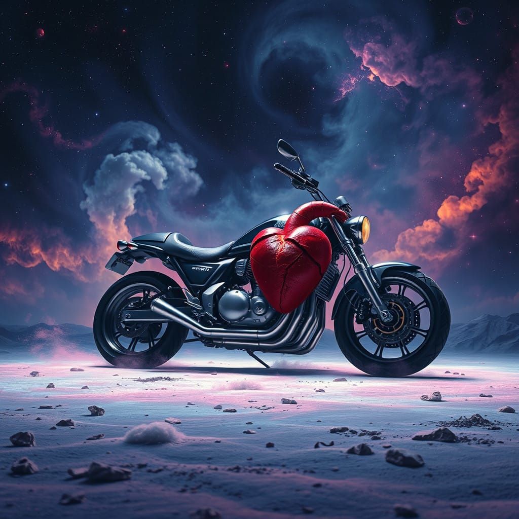 Shattered Heart on Chrome Motorcycle in Cosmic Desert
