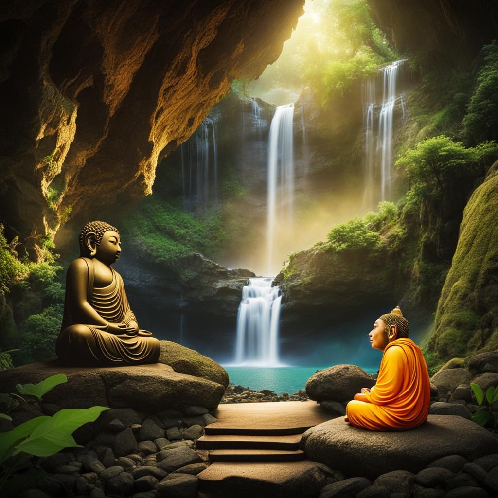 Meditating Monkey Buddha in Waterfall Cave
