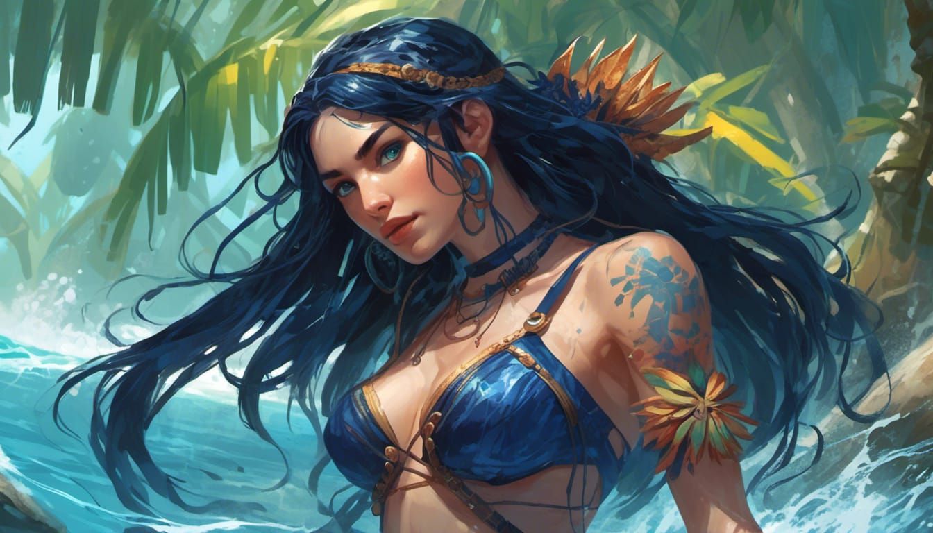Woman on Tropical Island in Video Game Art Style