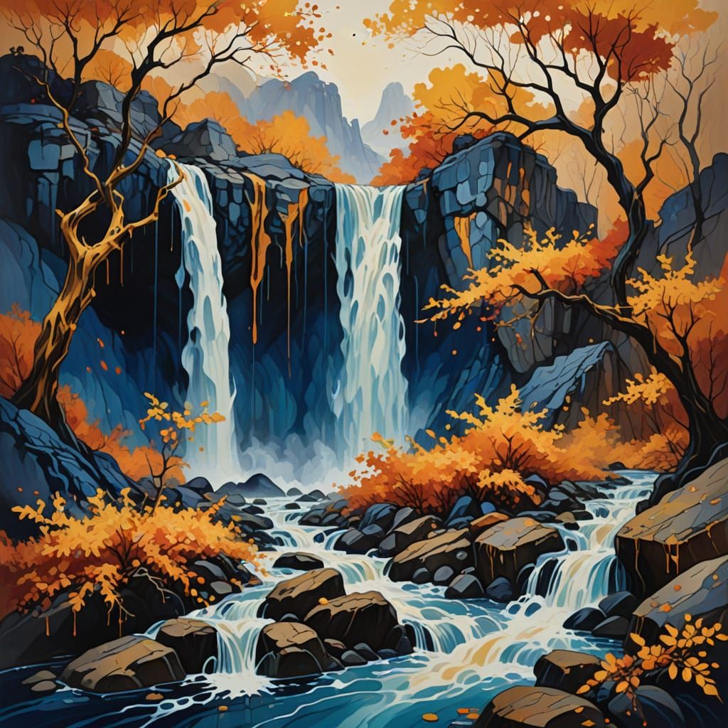Abstract Autumn Waterfalls in Surreal Landscape