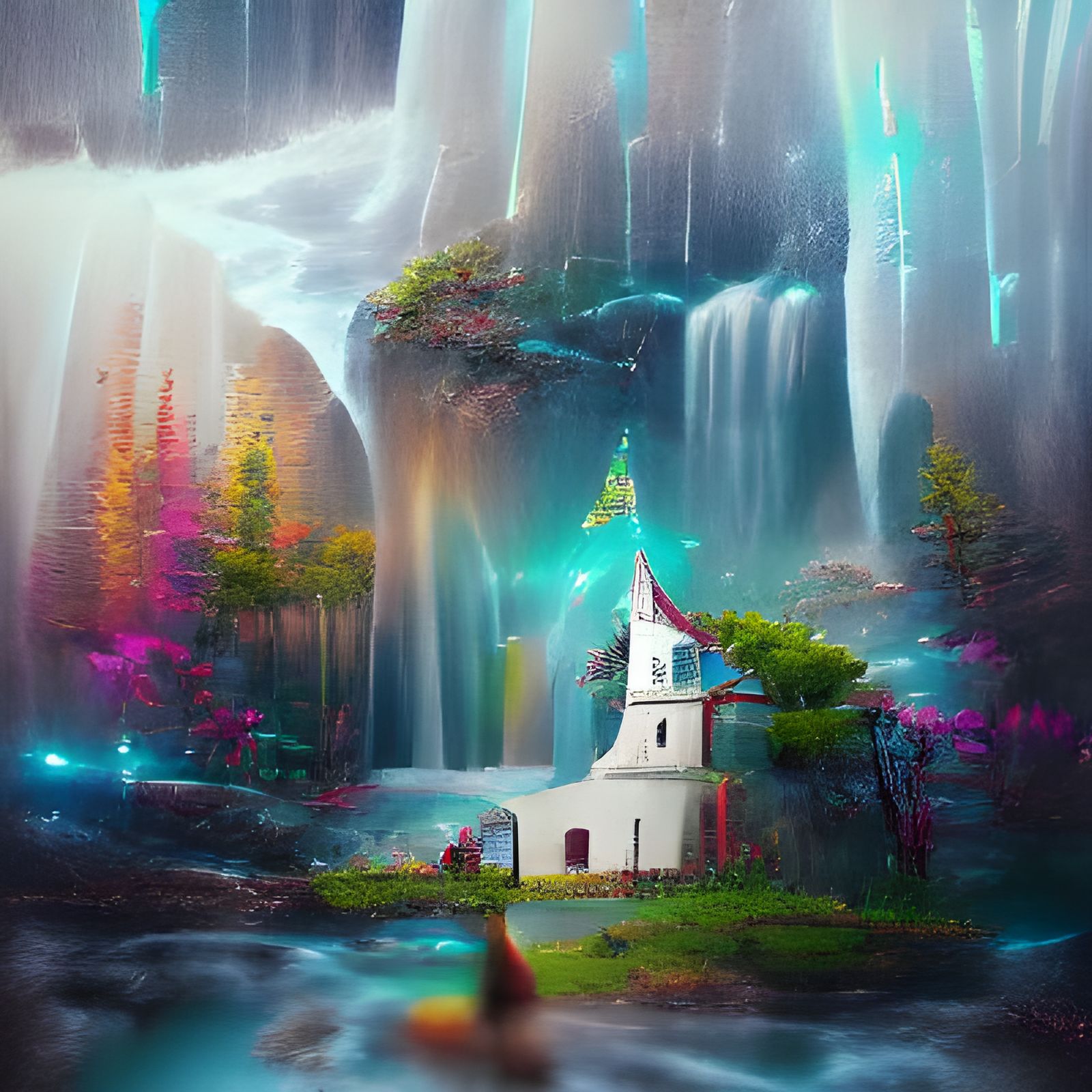 Elven Church Behind Waterfall in Fantasy Forest