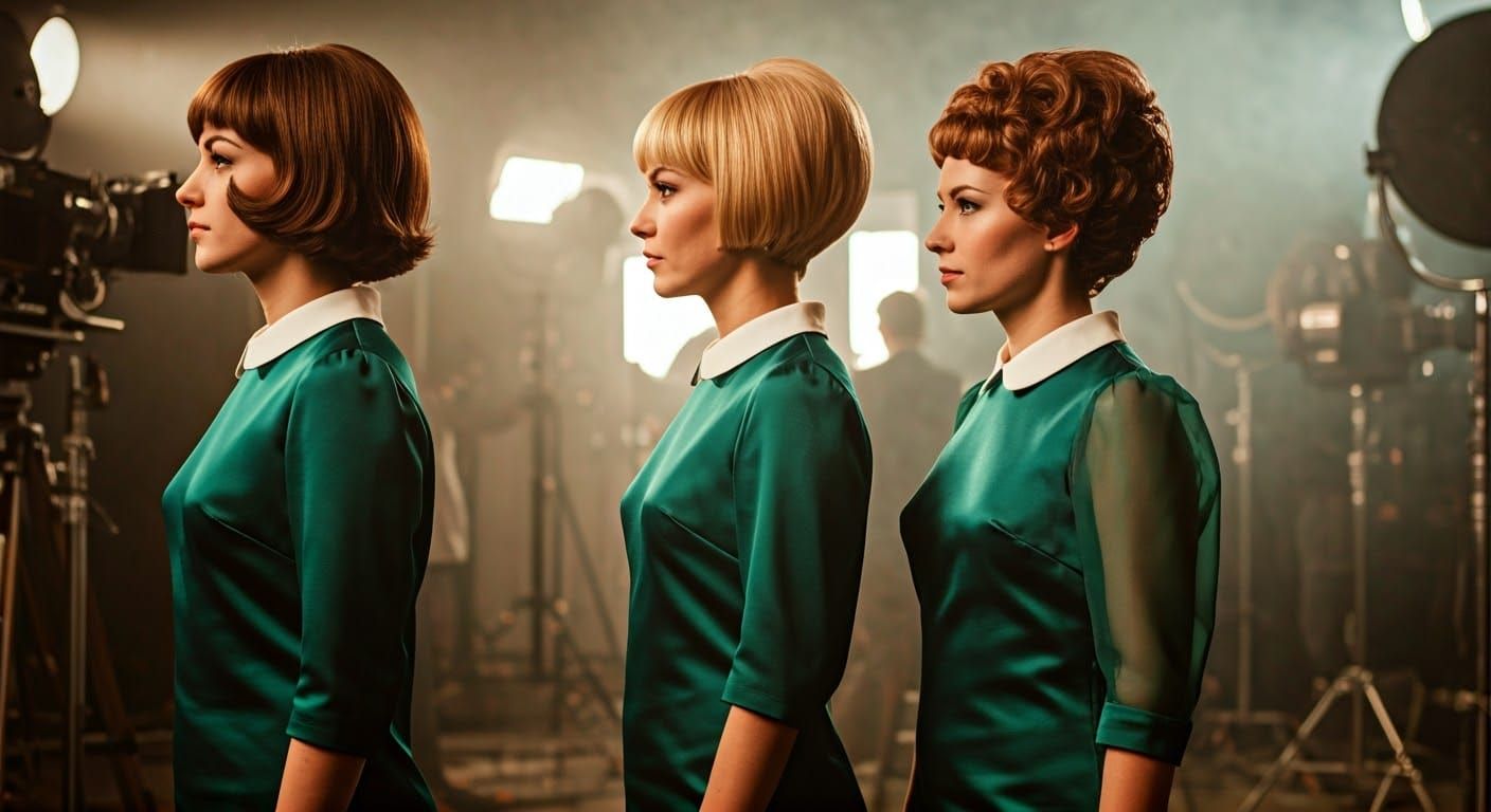1960s Film Studio with Women in Green Dresses