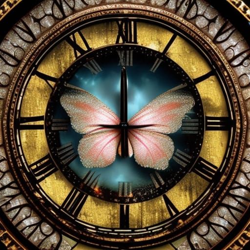 Shimmering Butterfly on Clock: Digital Matte Painting