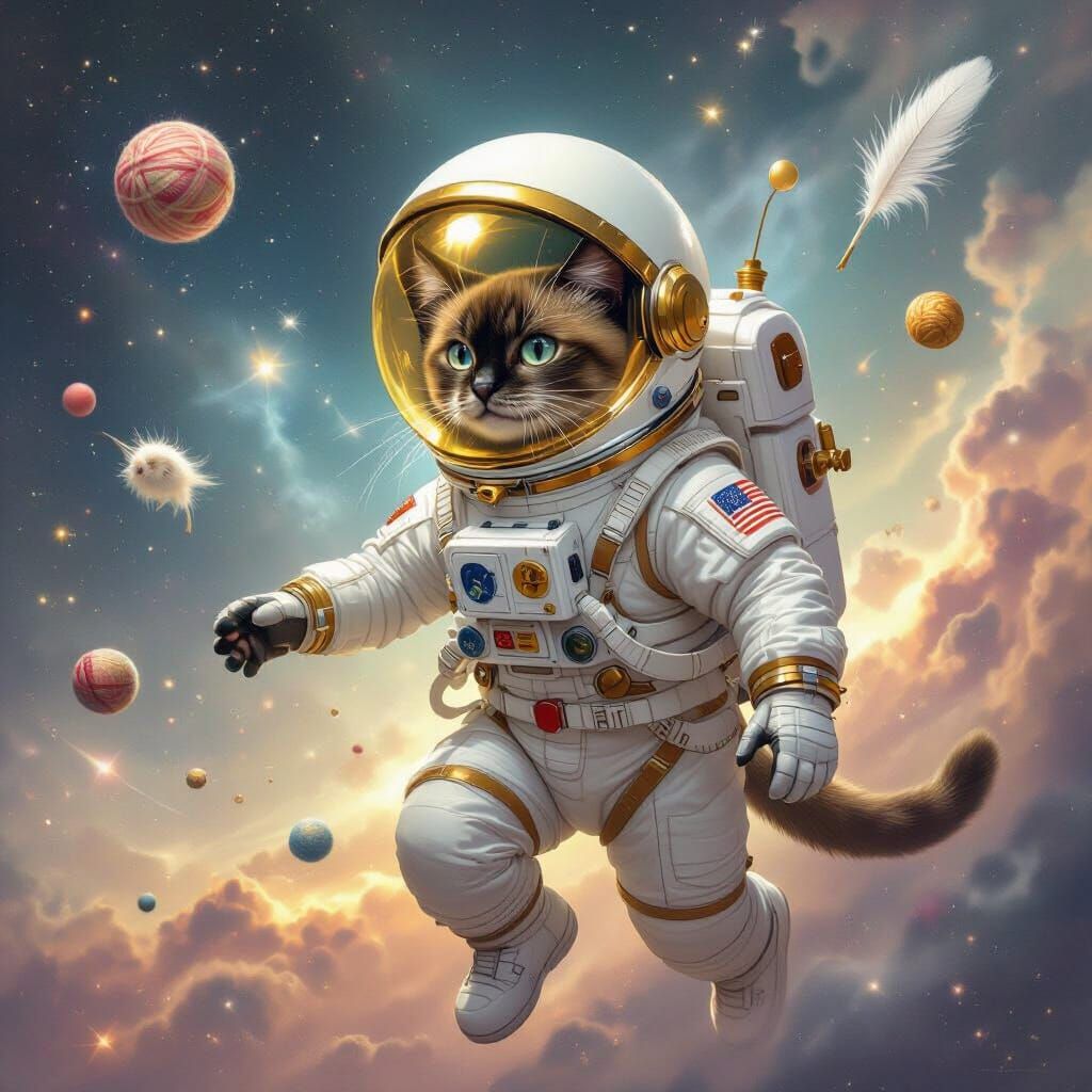 Siamese Cat Astronaut Navigates Stardust Nebula